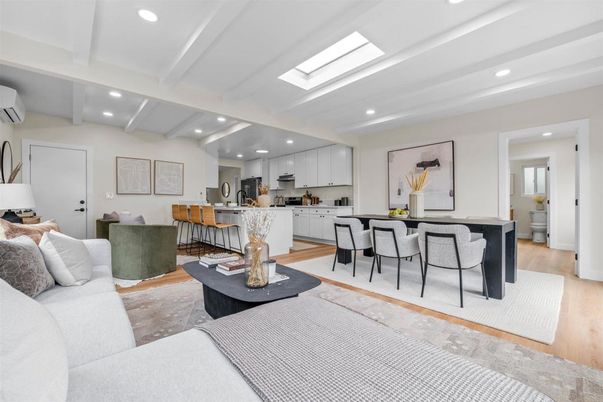 Dining room, Interior, Kitchen, Living room, Recessed Lighting, Wood Texture Flooring