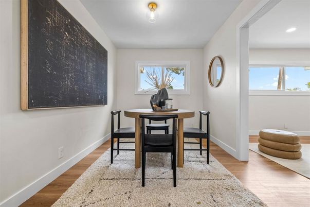 Dining room, Interior, Recessed Lighting, Wood Texture Flooring