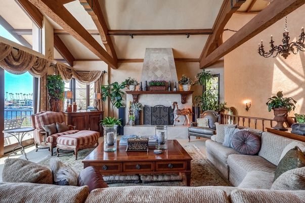 Chandelier, Fireplace, Interior, Living room, Water, Wooden Beams
