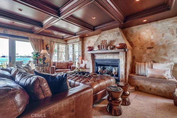 Fireplace, Interior, Living room, Recessed Lighting, Wooden Beams