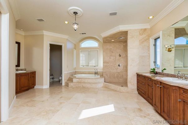 Bathroom, Dual Sink Vanities, Glass Shower, Interior, Pendant Lights, Recessed Lighting