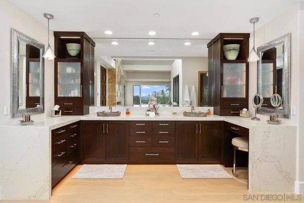 Bathroom, Dual Sink Vanities, Interior, Pendant Lights, Recessed Lighting, Wood Texture Flooring