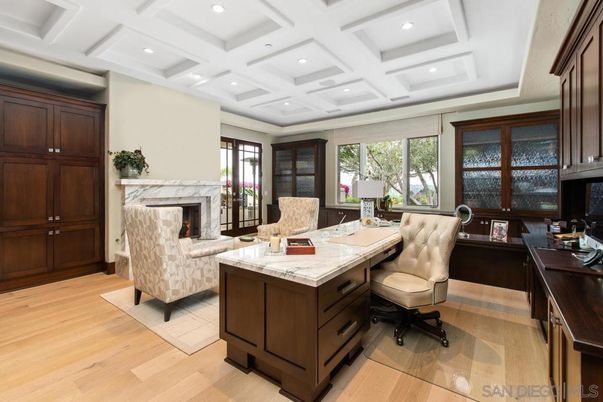 Fireplace, Home Office, Interior, Living room, Recessed Lighting, Wood Texture Flooring