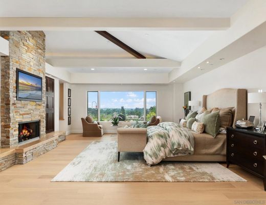 Bedroom, Fireplace, Interior, Living room, Recessed Lighting, Stone Walls, Wooden Beams, Wood Texture Flooring