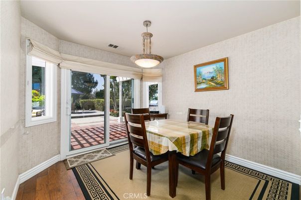 Dining room, Interior, Pendant Lights, Wood Texture Flooring