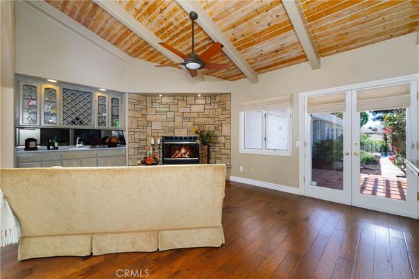 Fireplace, Interior, Living room, Recessed Lighting, Stone Walls, Wooden Ceilings, Wood Texture Flooring