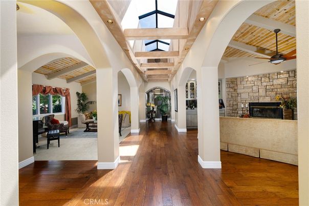 Fireplace, Interior, Recessed Lighting, Stone Walls, Wood Texture Flooring