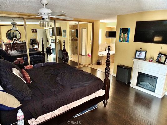 Bedroom, Fireplace, Interior, Wood Texture Flooring