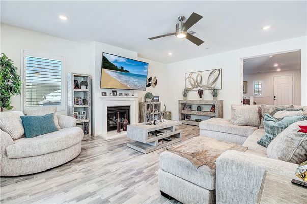 Fireplace, Interior, Living room, Recessed Lighting, Wood Texture Flooring