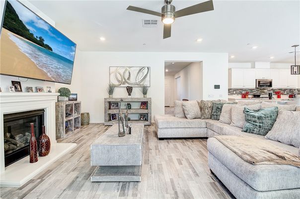 Fireplace, Interior, Kitchen, Living room, Recessed Lighting, Stainless Steel Appliances, Wood Texture Flooring
