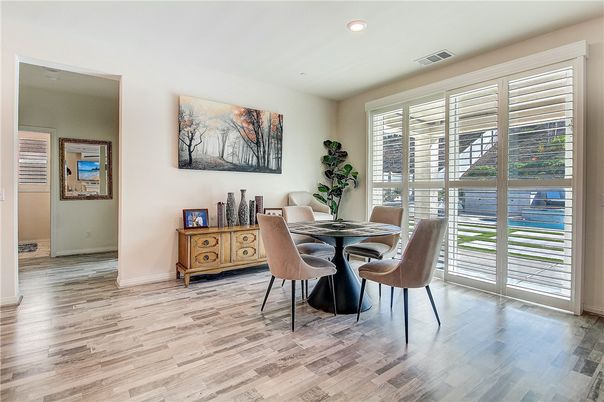 Dining room, Interior, Recessed Lighting, Wood Texture Flooring