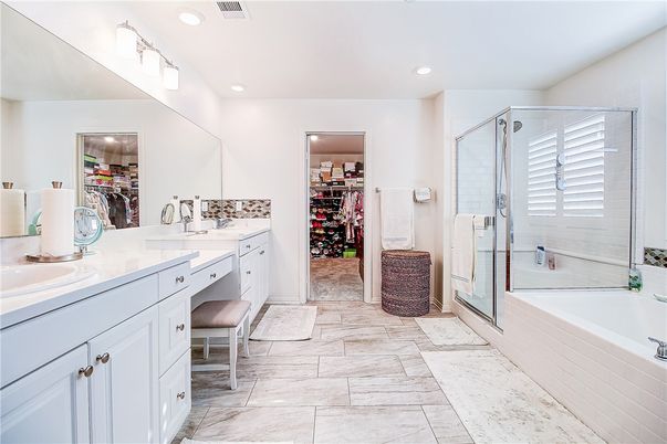 Bathroom, Dual Sink Vanities, Glass Shower, Interior, Recessed Lighting, Walk-in Closets