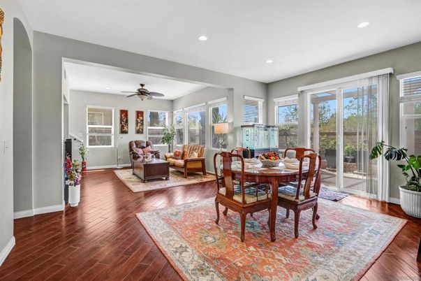 Dining room, Interior, Living room, Recessed Lighting, Wood Texture Flooring