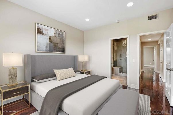 Bathroom, Bedroom, Glass Shower, Interior, Recessed Lighting, Wood Texture Flooring