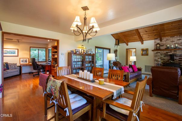 Chandelier, Dining room, Interior, Living room, Stone Walls, Wooden Beams, Wooden Ceilings, Wood Texture Flooring