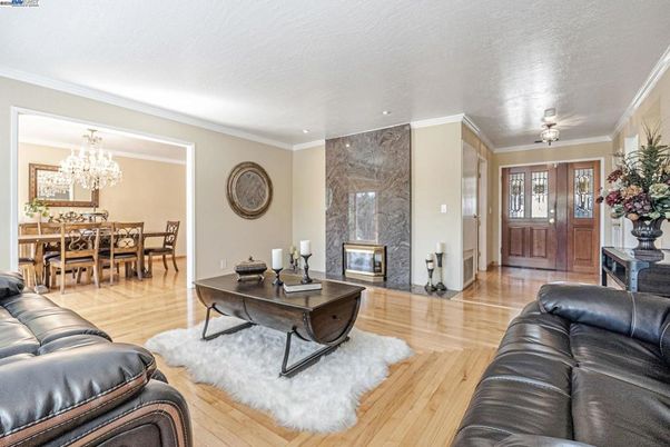 Chandelier, Dining room, Fireplace, Interior, Living room, Recessed Lighting, Wood Texture Flooring