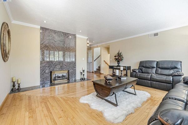 Fireplace, Interior, Living room, Recessed Lighting, Wood Texture Flooring