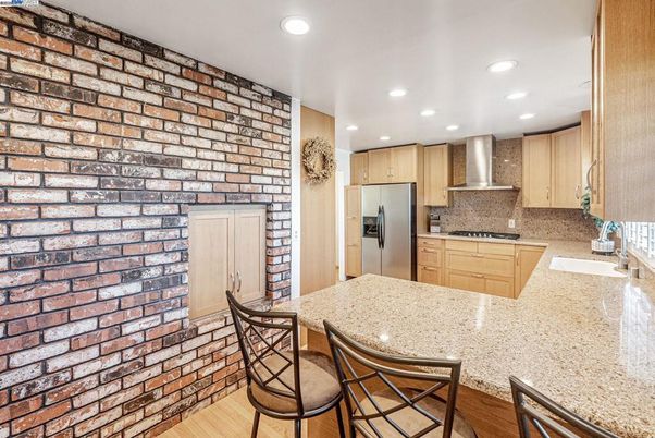 Interior, Kitchen, Recessed Lighting, Stone Walls, Wood Texture Flooring