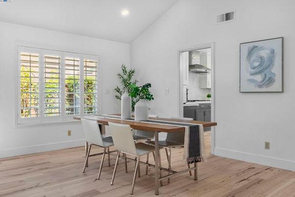 Dining room, Interior, Recessed Lighting, Wood Texture Flooring