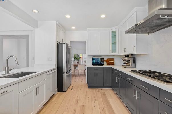 Interior, Kitchen, Recessed Lighting, Stainless Steel Appliances, Wood Texture Flooring