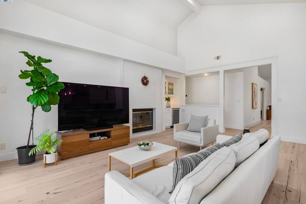 Fireplace, Interior, Living room, Recessed Lighting, Wood Texture Flooring