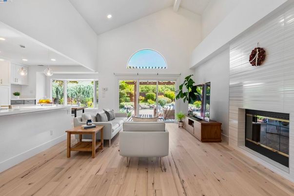 Fireplace, Interior, Kitchen, Living room, Pendant Lights, Recessed Lighting, Wood Texture Flooring