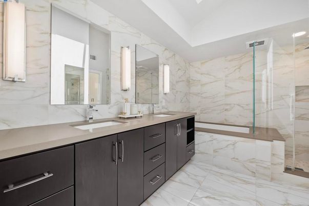 Bathroom, Dual Sink Vanities, Glass Shower, Interior, Marble, Marble Walls