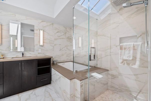 Bathroom, Glass Shower, Interior, Marble, Marble Walls, Recessed Lighting
