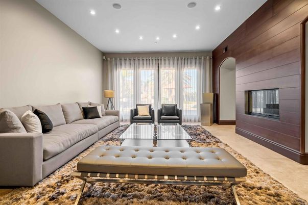 Fireplace, Interior, Living room, Recessed Lighting, Wooden Walls