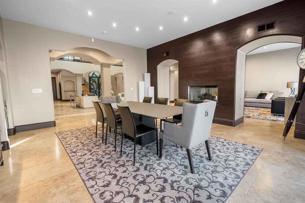 Dining room, Fireplace, Interior, Living room, Recessed Lighting, Wooden Walls