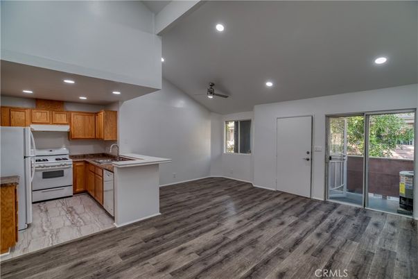 Interior, Kitchen, Marble, Recessed Lighting, Wood Texture Flooring