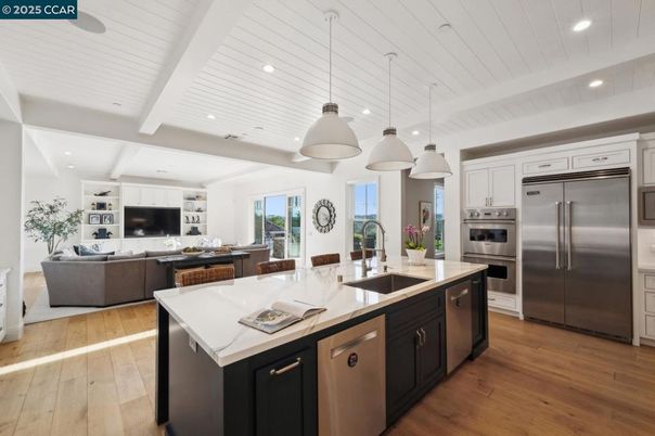 Interior, Kitchen, Living room, Pendant Lights, Recessed Lighting, Stainless Steel Appliances, Wood Texture Flooring