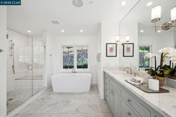 Bathroom, Dual Sink Vanities, Free Standing Baths, Glass Shower, Interior, Marble, Recessed Lighting