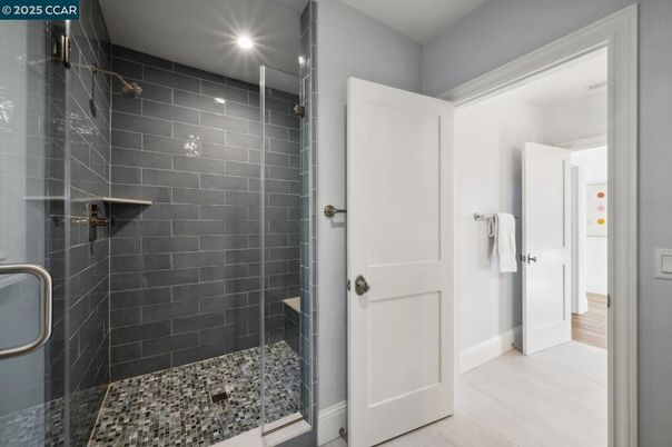 Bathroom, Glass Shower, Interior, Recessed Lighting, Wood Texture Flooring