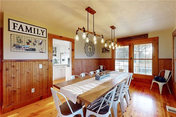 Dining room, Interior, Pendant Lights, Wood Texture Flooring