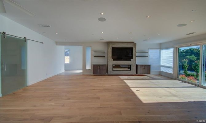 Empty room, Fireplace, Interior, Recessed Lighting, Wood Texture Flooring