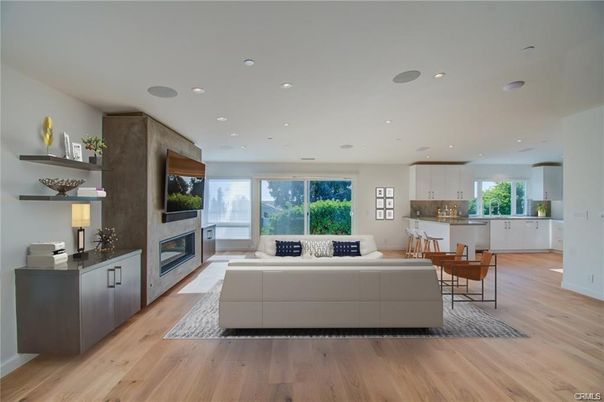 Dining room, Fireplace, Interior, Kitchen, Living room, Recessed Lighting, Wood Texture Flooring