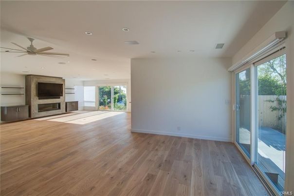Empty room, Fireplace, Interior, Recessed Lighting, Wood Texture Flooring