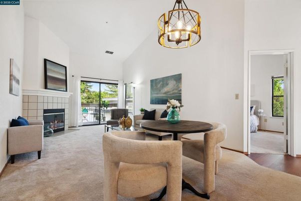 Chandelier, Dining room, Fireplace, Interior, Living room, Pendant Lights, Wood Texture Flooring