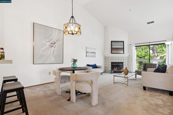 Dining room, Fireplace, Interior, Living room, Pendant Lights