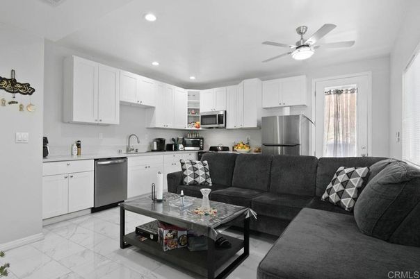 Interior, Kitchen, Living room, Marble, Recessed Lighting, Stainless Steel Appliances