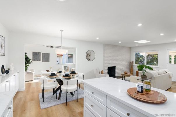 Dining room, Fireplace, Interior, Living room, Pendant Lights, Recessed Lighting, Stone Walls, Wood Texture Flooring