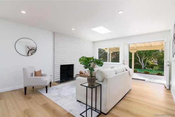 Fireplace, Interior, Living room, Recessed Lighting, Stone Walls, Wood Texture Flooring