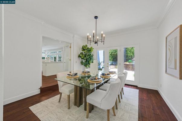 Dining room, Interior, Pendant Lights, Recessed Lighting, Wood Texture Flooring