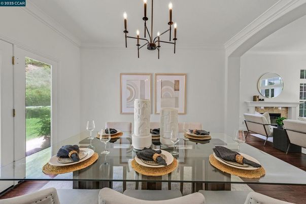Chandelier, Dining room, Fireplace, Interior, Living room, Wood Texture Flooring