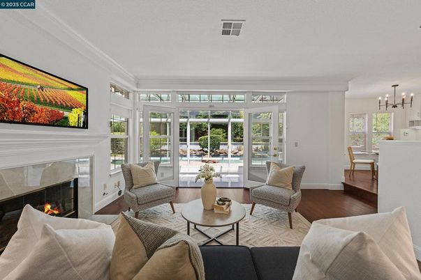 Fireplace, Interior, Living room, Pendant Lights, Wood Texture Flooring