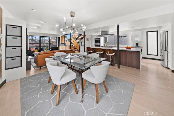 Dining room, Interior, Kitchen, Living room, Pendant Lights, Recessed Lighting, Stainless Steel Appliances, Wood Texture Flooring