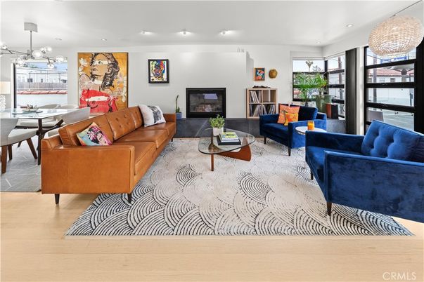 Dining room, Fireplace, Interior, Living room, Pendant Lights, Recessed Lighting, Wood Texture Flooring