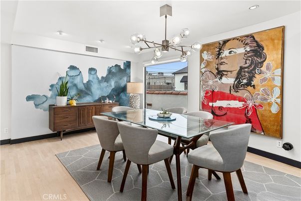 Dining room, Interior, Pendant Lights, Recessed Lighting, Wood Texture Flooring