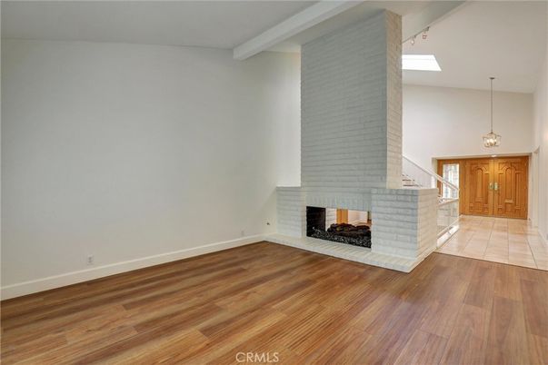 Empty room, Fireplace, Interior, Pendant Lights, Wood Texture Flooring